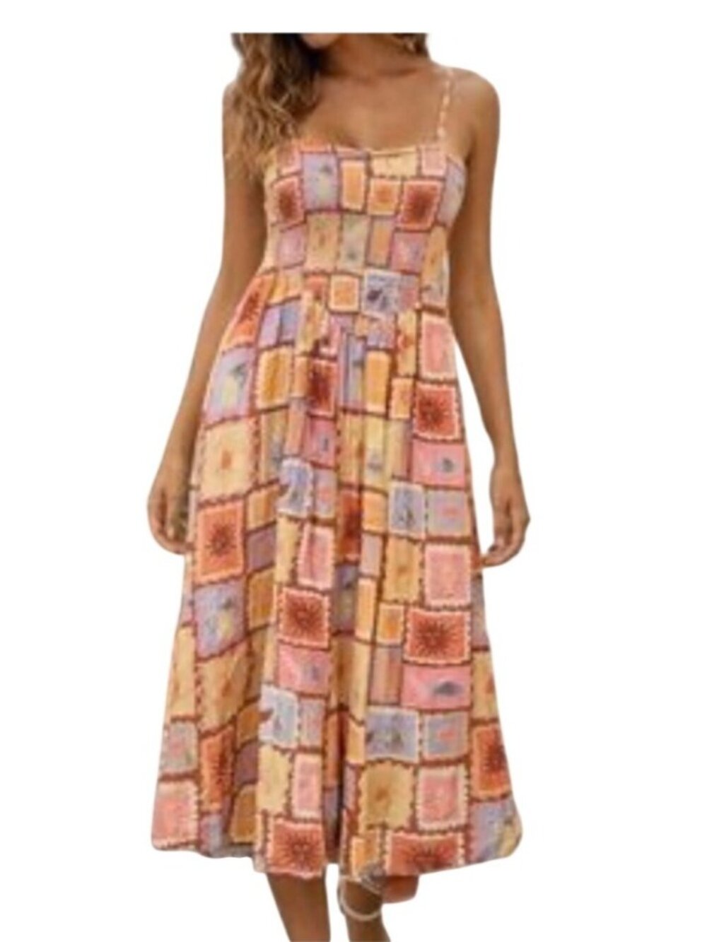 Patrons of Peace Women’s Smocked Midi Dress Patchwork Boho Sleeveless Sz Medium